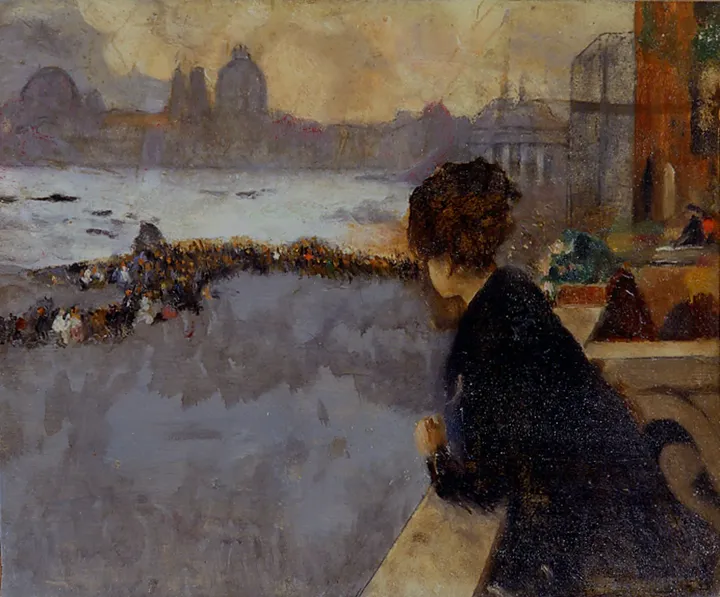 Vincenzo Irolli, Le regate - Venezia, 1922 - olio su carta applicata su cartoncino, 23 x 27 cm