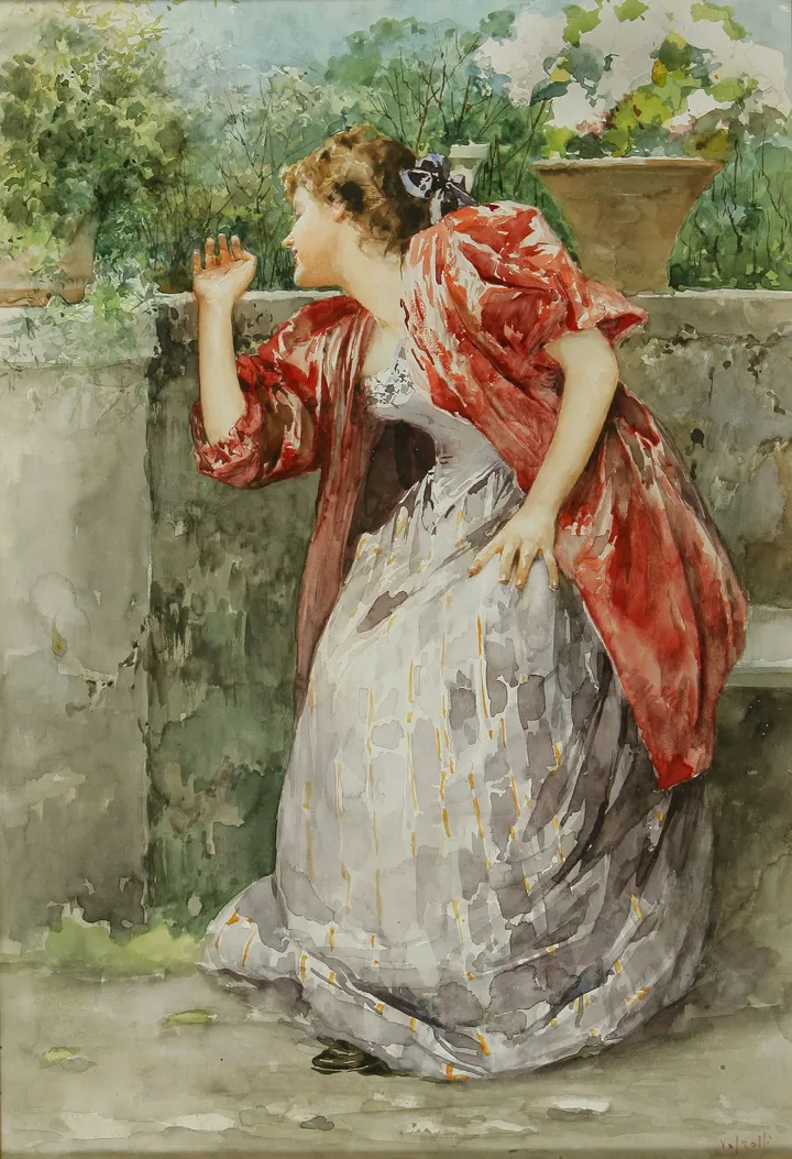 Vincenzo Irolli, Il vestito della festa - In giardino - acquerello su carta, 49 x 30 cm