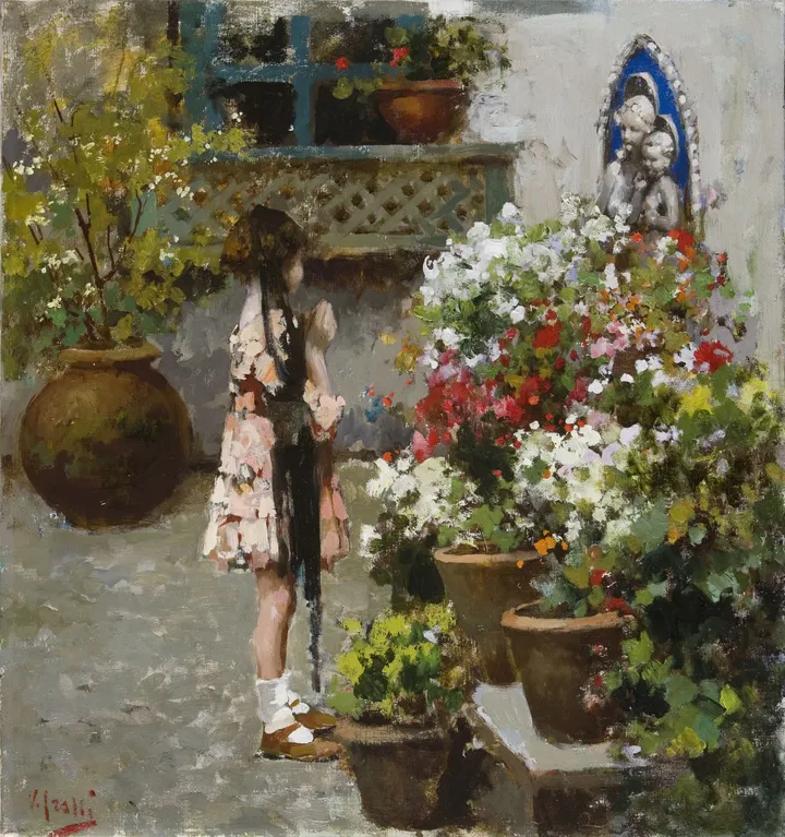Vincenzo Irolli, La preghierina - olio su tela, 65 x 63 cm