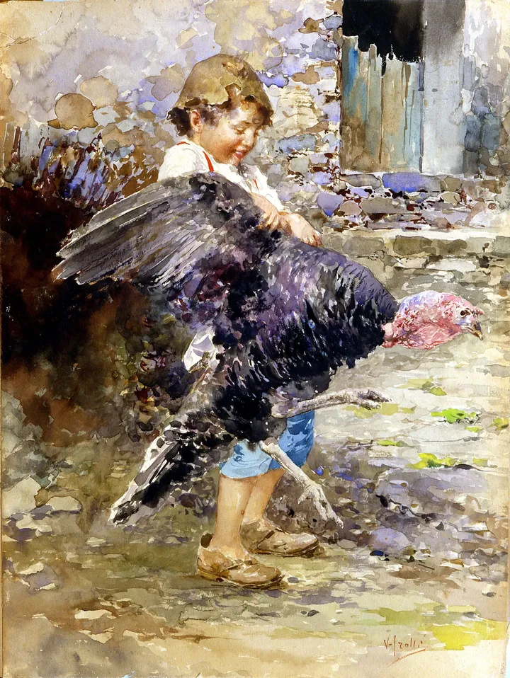 Vincenzo Irolli, Bambino con tacchino, 1890-1895 - acquerello su carta, 44 x 34 cm