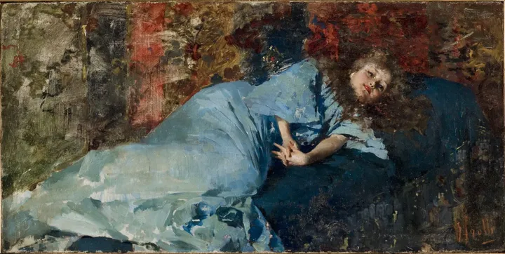 Vincenzo Irolli, En repos, 1890 circa - olio su tela, 17 x 35 cm