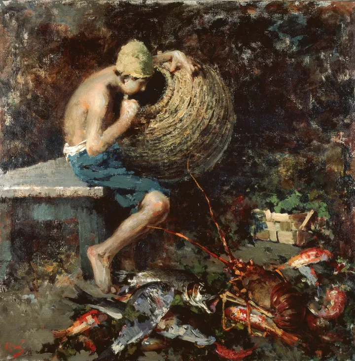 Vincenzo Irolli, Il figlio del pescatore, olio su tela, 95 x 95 cm
