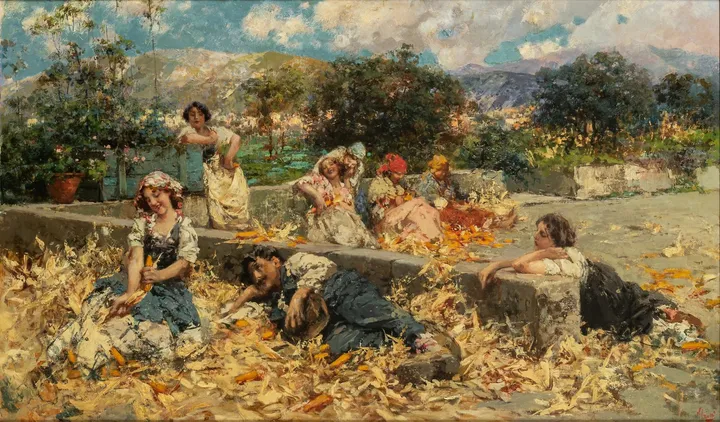 Vincenzo Irolli, Le spannocchiatrici - La raccolta di maggio, 1909 olio su tavola, 150 x 90 cm