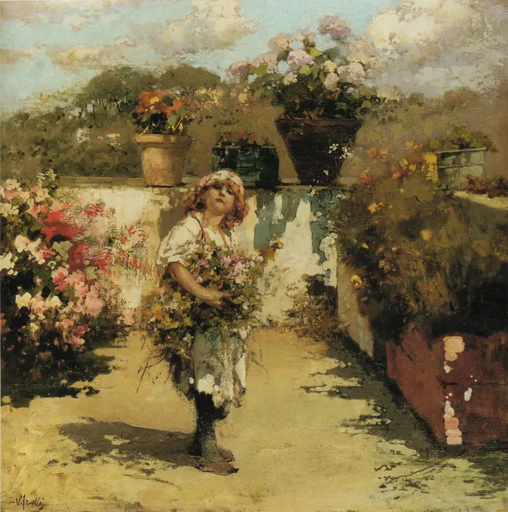 Vincenzo Irolli, Primavera tra i fiori - olio su tela, 46 x 54 cm