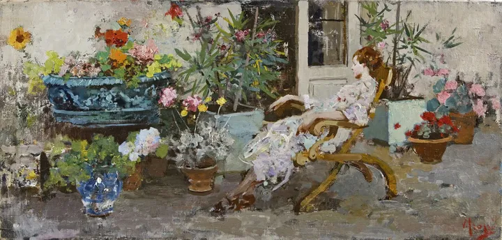 Vincenzo Irolli, Sul terrazzo, 1910 circa - olio su tela, 35 x 75 cm