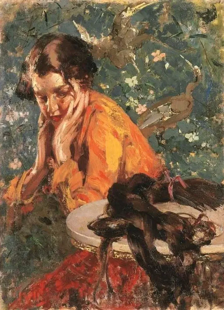 Vincenzo Irolli, La treccia recisa, 1920 circa - olio su tela, 82 x 60 cm