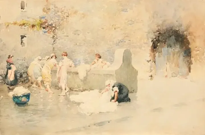 Vincenzo Irolli, Le lavandaie, acquerello su cartoncino, 62 x 93 cm